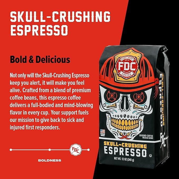 Fire Department Coffee - Gives Back to Firefighters - Skull Crushing Espresso Coffee Beans - Full-Bodied & Bold - Roasted in the USA - Premium Espresso Beans - Veteran Owned (12 oz, Pack of 2)