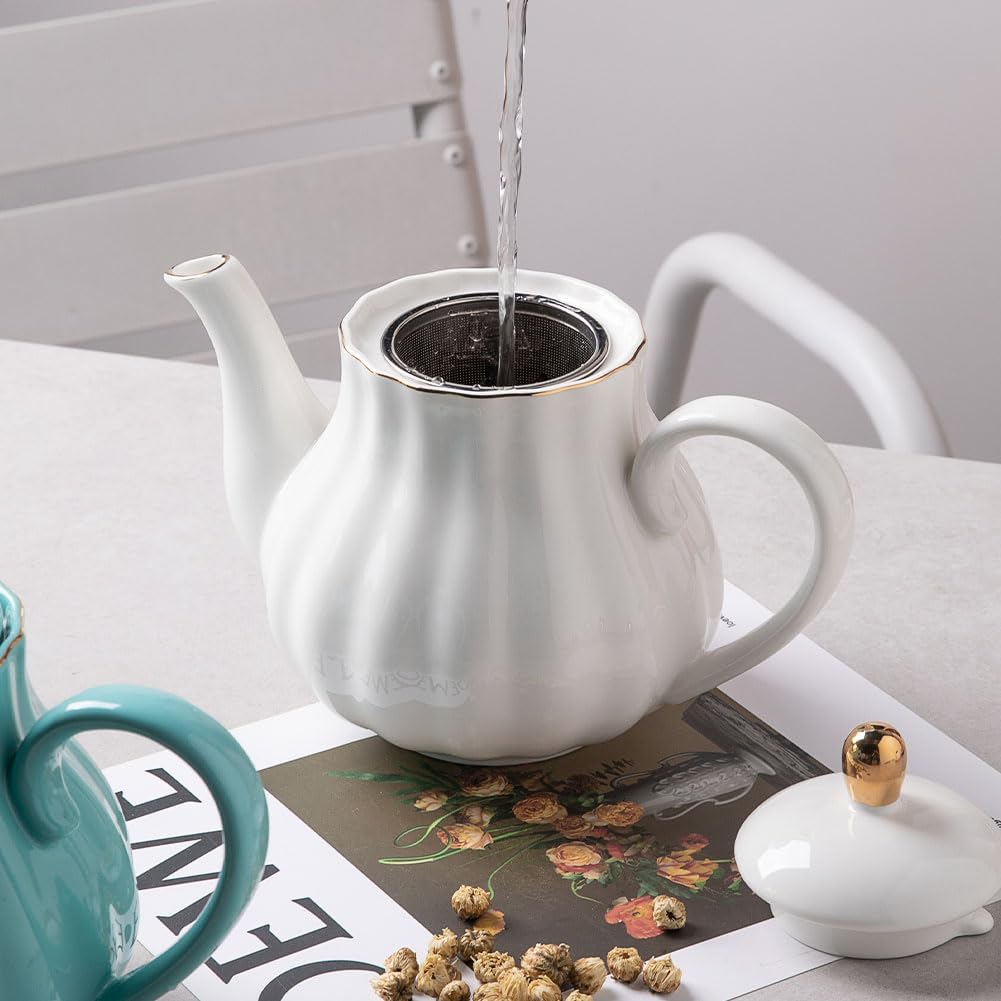 Sweejar Royal Teapot, Ceramic Tea Pot with Removable Stainless Steel Infuser, Blooming & Loose Leaf Teapot - 40 Ounce (White)