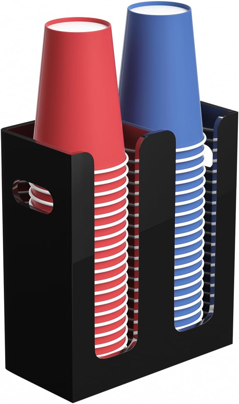 Disposable Coffee Cup Dispenser with Handles, Countertop or Wall Mount Hot/Cold Drink Cup and Lid Holder - Bathroom/Kitchen/Office Acrylic Cup Lid Storage Organizer (2 Compartments, Black)
