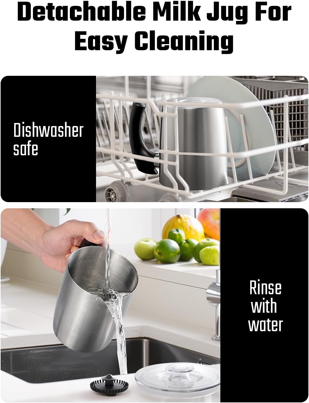 5-in-1 Milk Frother and Steamer, 17oz Detachable Frother with Adjustable Temperature, Stainless Steel Milk Steamer, Hot & Cold Foam Maker for Coffee, Latte, Hot Chocolate, Dishwasher Safe