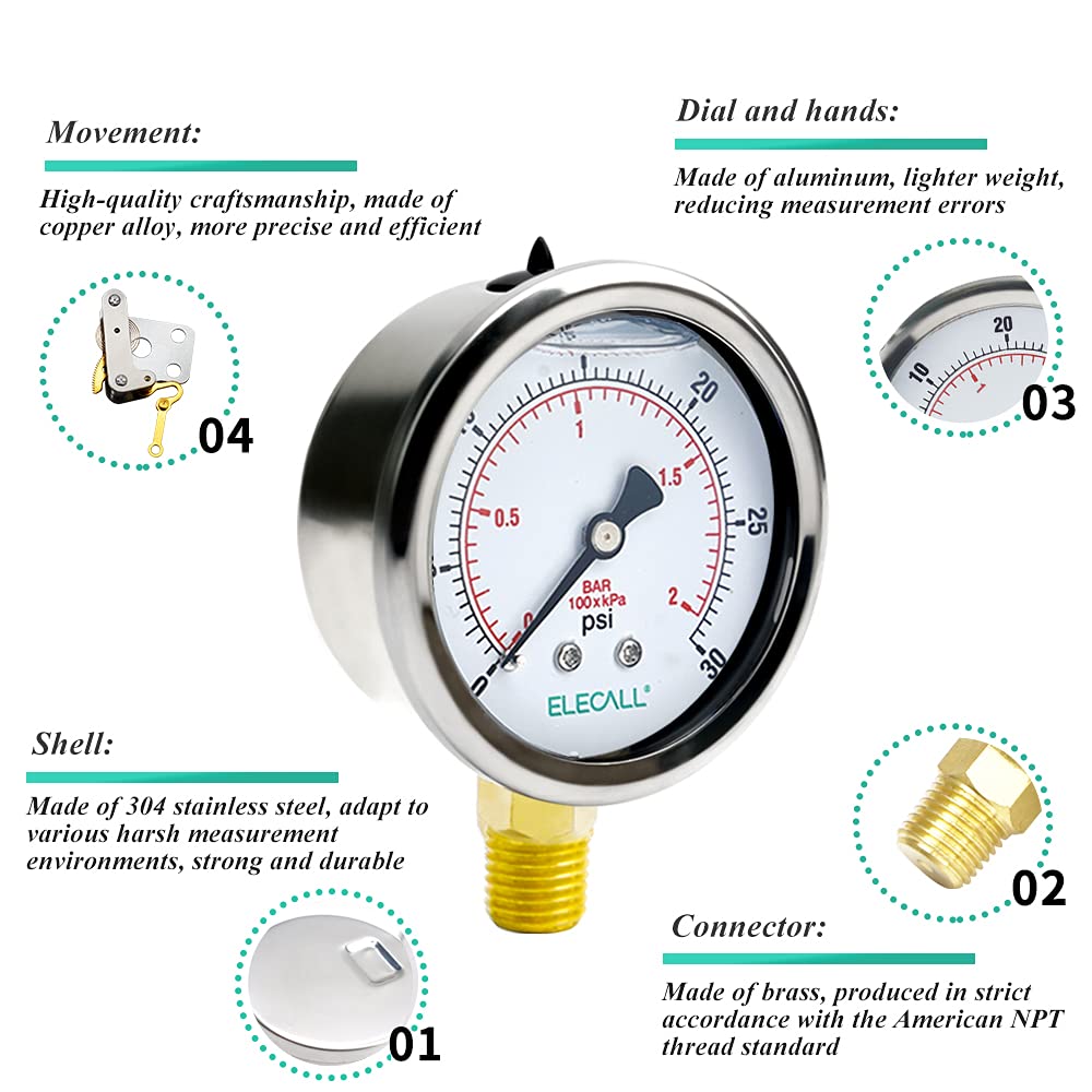 ELECALL 2-1/2” Glycerin Liquid Filled Air Pressure Gauge, 0-30Psi, 1/4”NPT Lower Mount, Stainless Steel Case, Brass Internals, Water Pressure Gauge