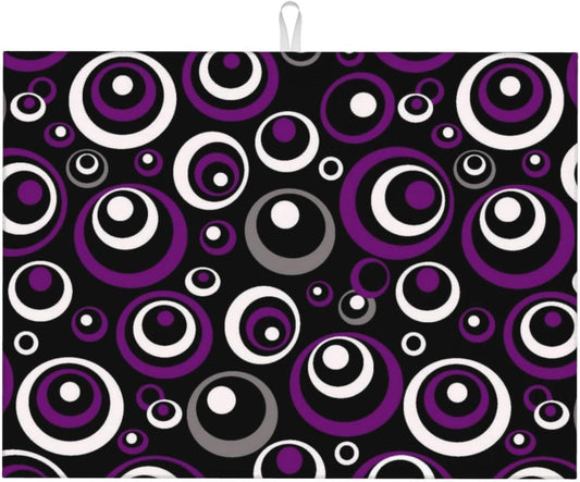 Purple Black White Geometric Circle Pattern Dish Drying Mat for Kitchen Counter, 18x24 inch Absorbent Reversible Microfiber Kitchen Countertop Protector Dishes Drying Pad for Dishes, Sink, Coffee Bar