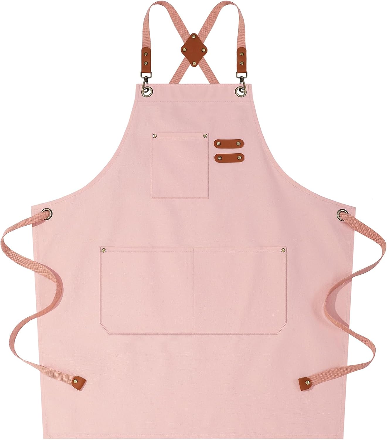 AFUN Chef Aprons for Women Men with Large Pockets, Cotton Canvas Cross Back Water Repellent Work Apron, Size M to XXL (LightPink)