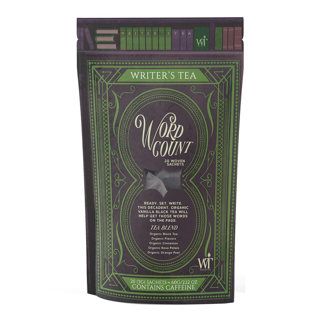 Writer's Tea Word Count - Energy Tea - Black Tea, Flavoring, Cinnamon, Rose Petals, and Orange Peel Tea Blend - Contains Caffeine - 20 Woven Sachets