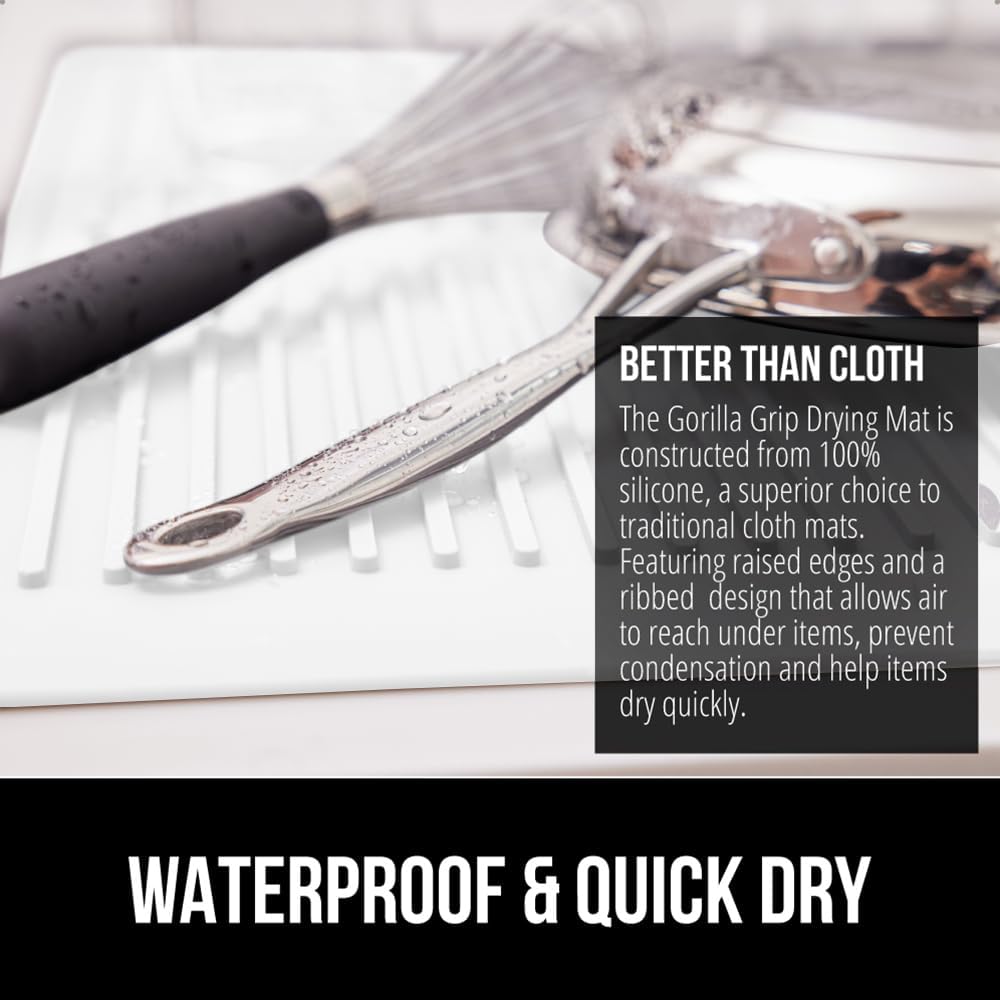 GORILLA GRIP 100% BPA-Free Patented Silicone Dish Drying Mat for Kitchen Counter, Water Catching Ribbed Design, Easy Clean Waterproof Sink Liner, Heat Resistant, Fits Under Rack, 13x11 Inch, White