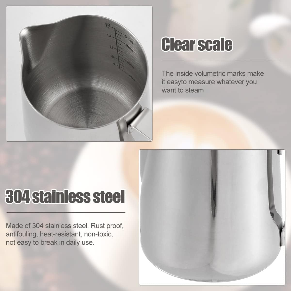 1PCS 350ML/12oz Milk Frothing Jug for Coffee Machine 304 Stainless Steel Milk Pitcher Cup with Spoon Milk Cup for Making Cappuccino Latte and Espresso