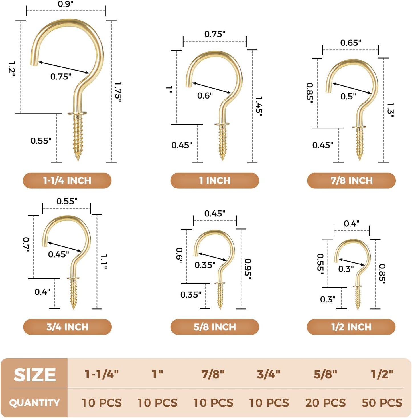 RELBRO Screw Hooks, 6 Sizes Metal Screw in Cup Hooks, 1/2 Inch, 5/8 Inch, 3/4 Inch, 7/8 Inch, 1 Inch, 1-1/4 Inch, Gold, 110 Pcs