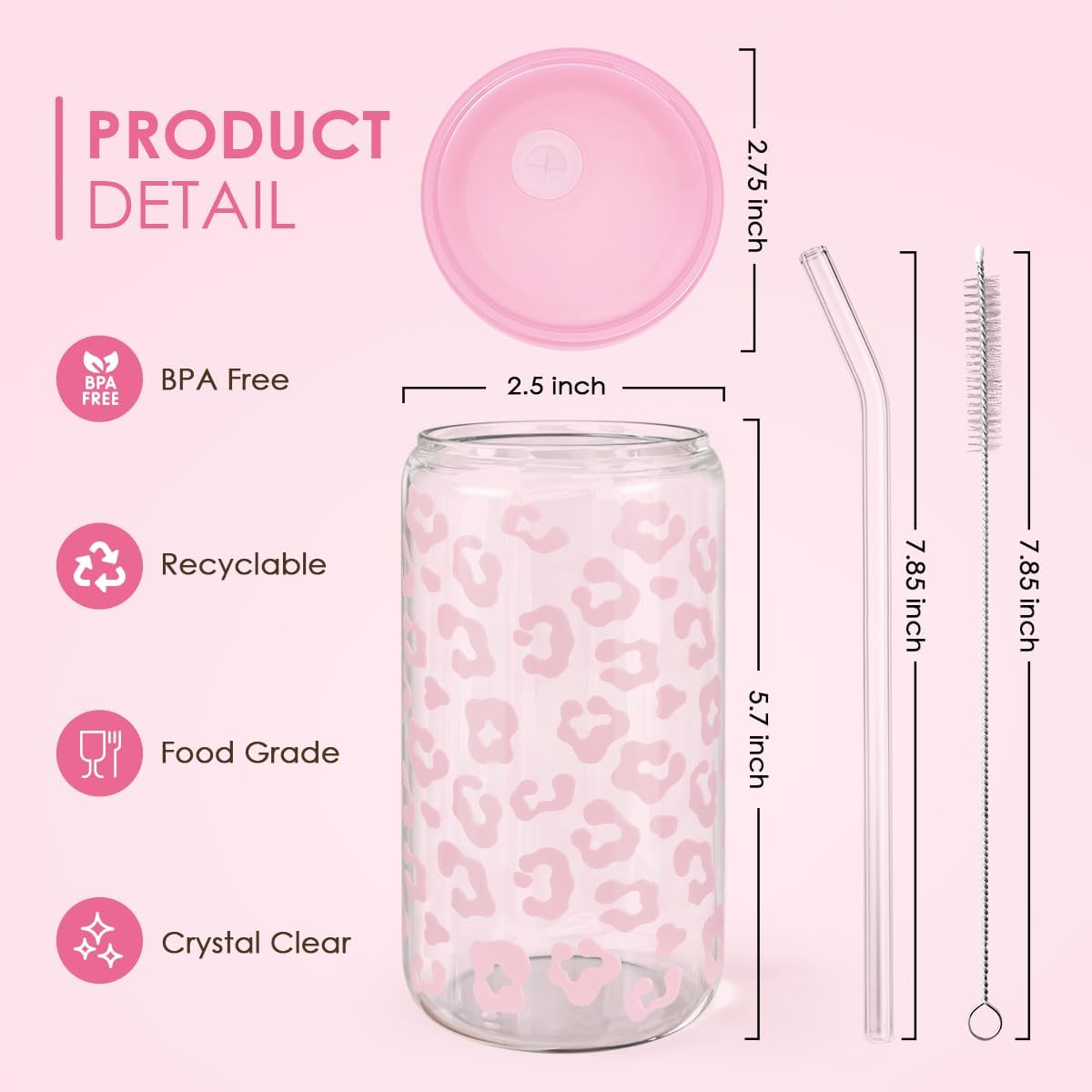 SANDJEST Leopard Glass Bottle, Pink Leopard Print Glass Cup with Lid & Straw, Iced Coffee Aesthetic Glass Can, Gifts for Women, Christmas Birthday Mother's Day