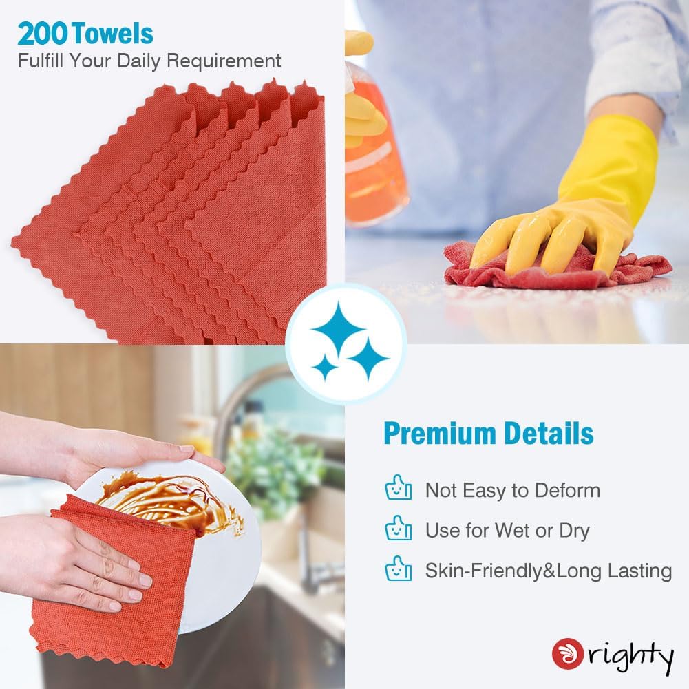 Orighty Cleaning Cloths Bulk, 200 Pack Shop Rags Reusable, Multi-Purpose Shop Towels for Cars, Microfiber Cleaning Rags for Automotive, Mechanic, Kitchen, Lint Free Towels 11.5’’ x 11.5’’, Red