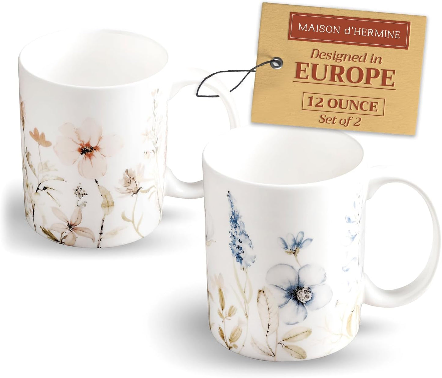 Maison d' Hermine Coffee Mug with Handles Fine Bone China Mugs Pack of Two Tea Cups for Hot Beverages Cappuccino Latte Home Restaurant Office Perfect for Gift (Ice Florals, 12 Ounce)