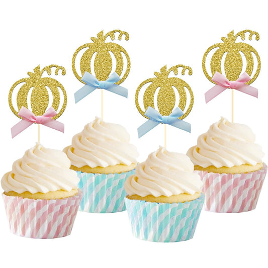 24pcs Pumpkin Gender Reveal Cupcake Toppers - Baby Shower Girl or Boy Party Decorations Supplies, Pumpkin Food Pick (Blue and Pink Bow)