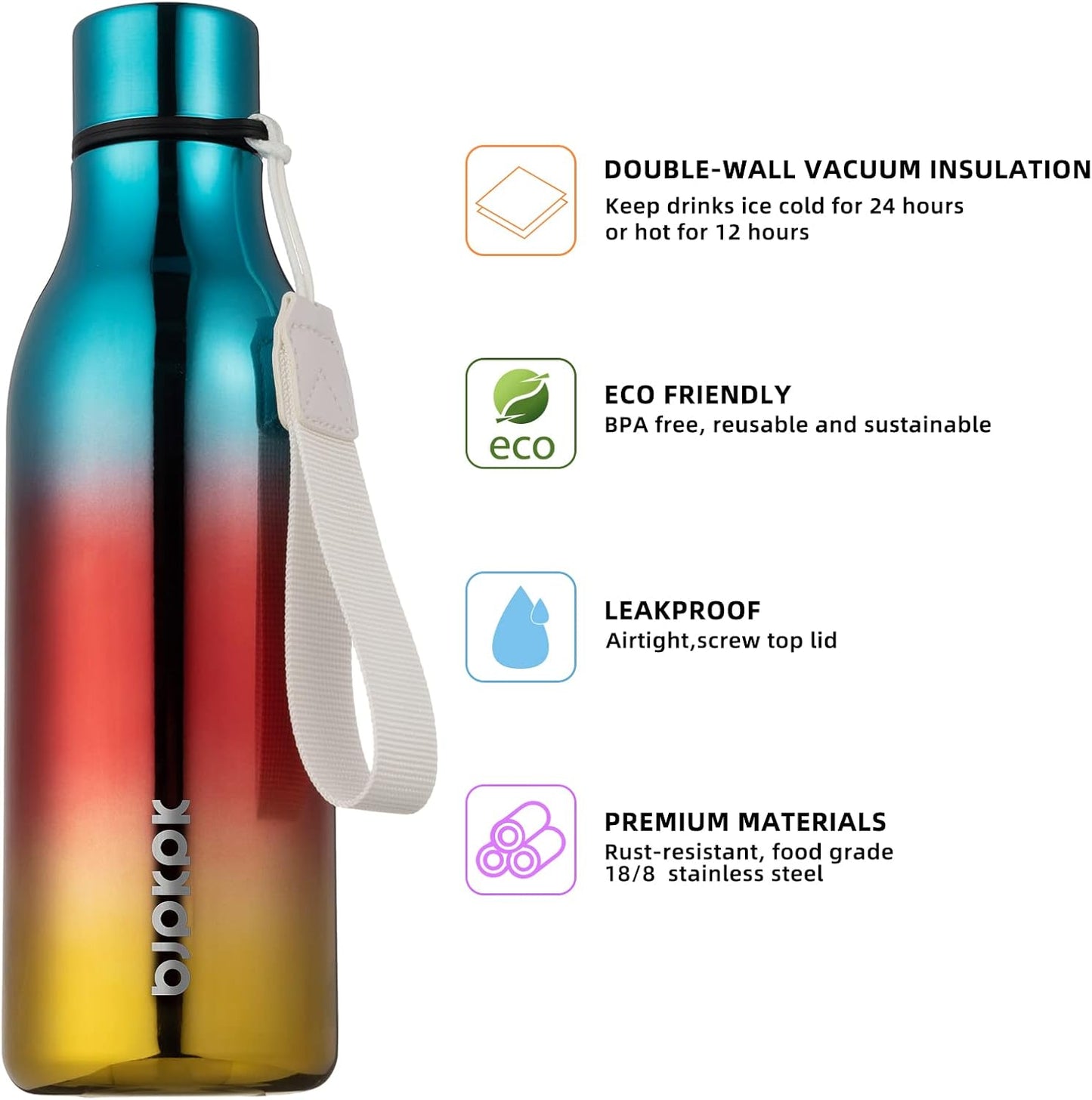 BJPKPK Insulated Water Bottles, 18 oz Stainless Steel Metal Water Bottle with Strap, BPA Free Leak Proof Thermos,Mugs,Flasks, Reusable Water Bottle for Sports & Travel, Caribbean Sunrise