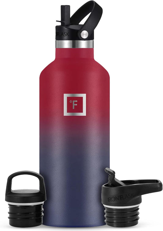 IRON °FLASK Camping & Hiking Hydration Canteens - 3 Lids (Narrow Straw Lid) Leak Proof Vacuum Insulated Stainless Steel - Hot & Cold Double Walled Sports Water Bottle - Dark Rainbow, 32 Oz