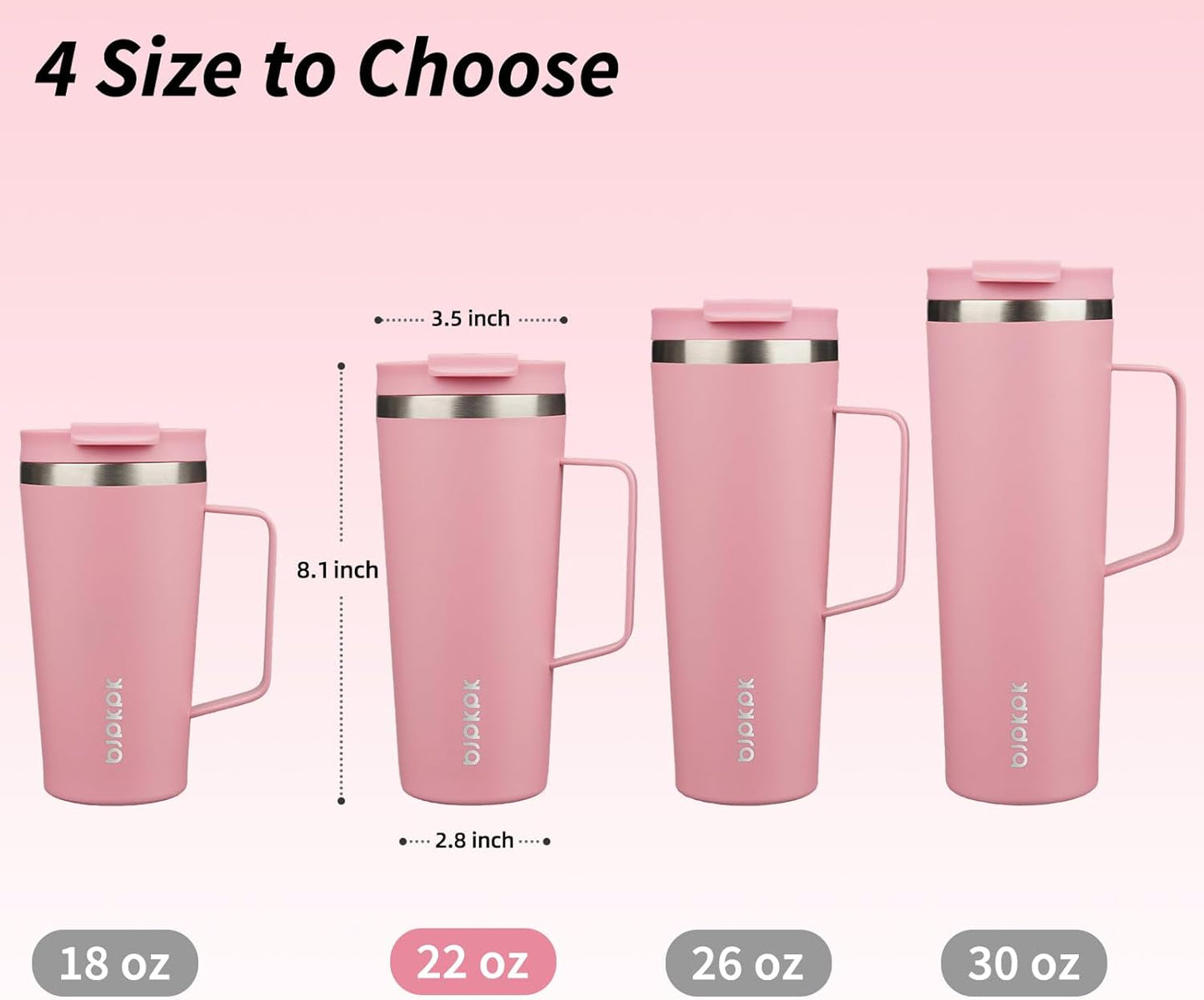 BJPKPK Insulated Tumbler with Handle, 22oz Insulated Tumblers with Lid and Straw, Stainless Steel Metal Water Bottles, Coffee Travel Mugs, Cups, Light Pink