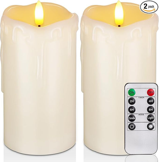 Homemory Dripping Wax Flameless Candles, Battery Operated Candles with Remote Control and Timers, LED Pillar Candles, Electric Fake Candles, 3" x 6", Set of 2