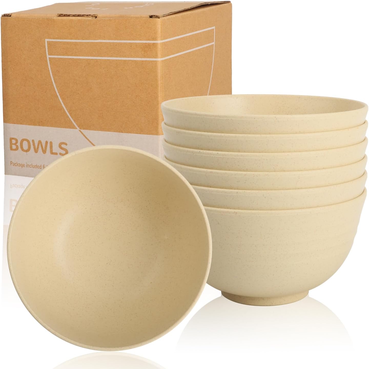 6-piece Wheat Straw Bowls sets 26oz,Alternative Plastic Bowls Reusable for indoors and outdoors,Microwave-able and Dishwasher Safe Bowls Sets Easy to Clean.Beige Series