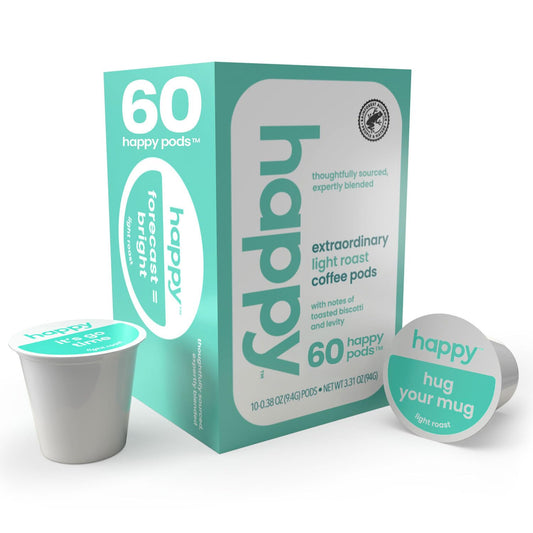 happy coffee light roast coffee pods, 60 count, notes of toasted biscotti and levity, compatible with most K-cup brewers, rainforest alliance certified