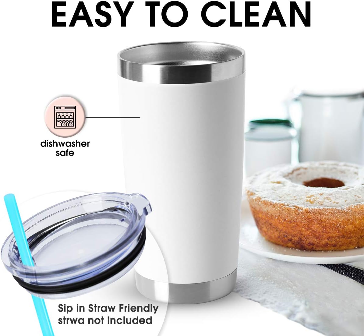 HASLE OUTFITTERS 20oz Stainless Steel Tumblers Bulk, Insulated Travel Cup with Lid, Double Wall Vacuum Coffee Mug for Cold & Hot Drinks 4 Pack, White