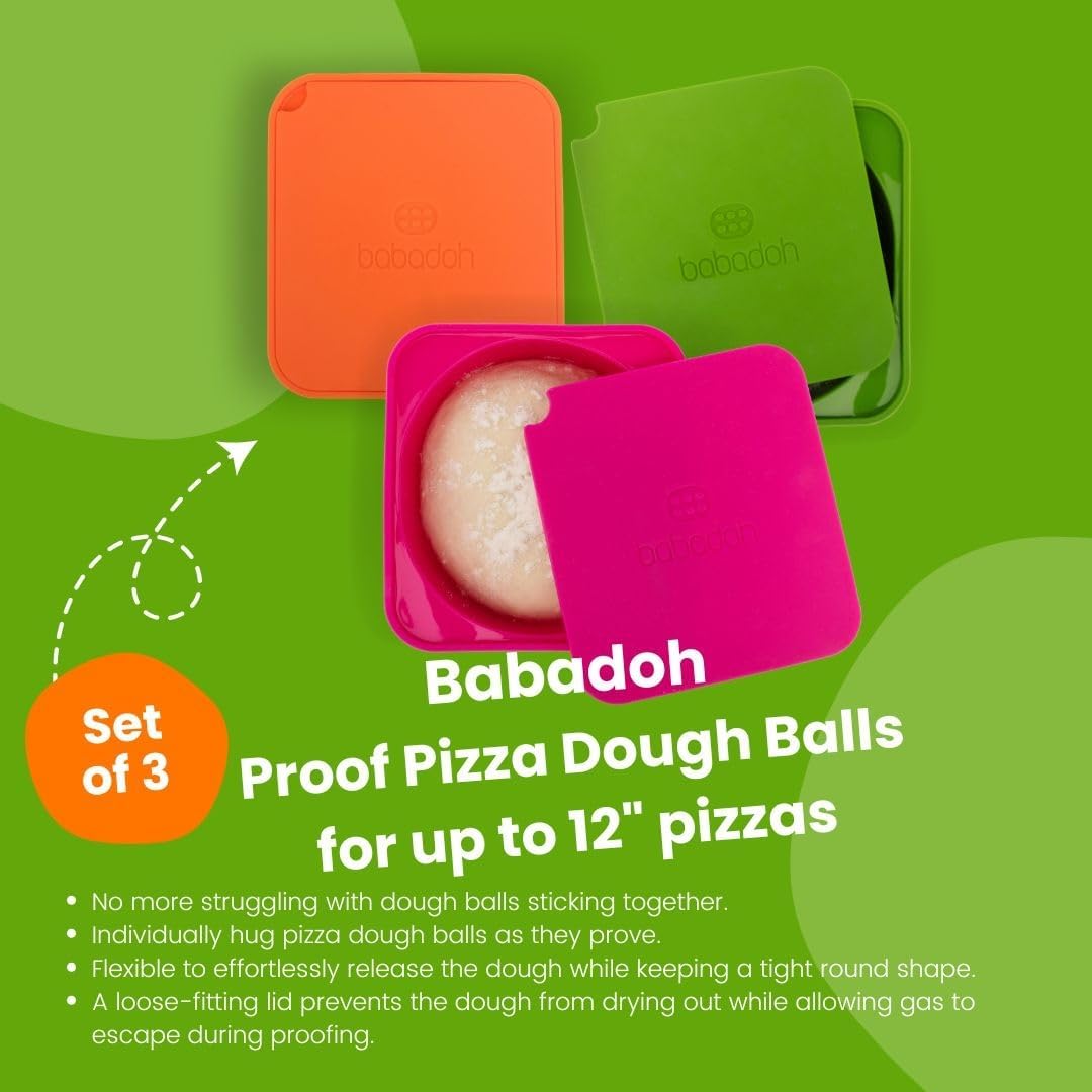 Babadoh Pizza Dough Proofing Silicone Containers with Lids | Pizza Making Accessories | The Perfect Pizza | Set of 3 | Multi Bright (1 Berry, 1 Orange, 1 Lime) | Original Size (make 12" Pizzas)
