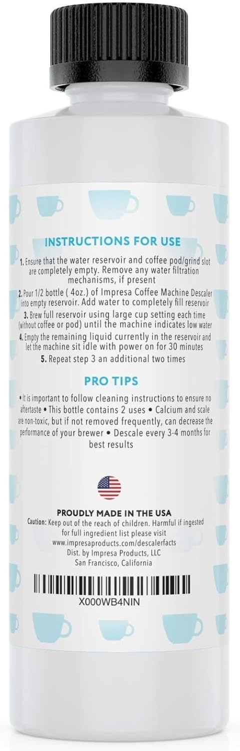 IMPRESA Coffee Machine Descaler (2 Uses Per Bottle) - Made in the USA - Universal Descaling Solution, Compatible with Nespresso, Delonghi and All Single Use Coffee and Espresso Machines
