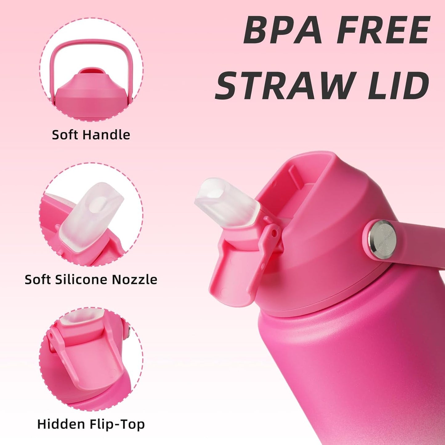 BJPKPK Water Bottle with Straw Lid, 24oz Vacuum Insulated Water Bottles, Metal Stainless Steel Thermos for Sports, Travel, BPA Free Leak Proof Thermos, Cups, Flasks, Tumblers,Cherry