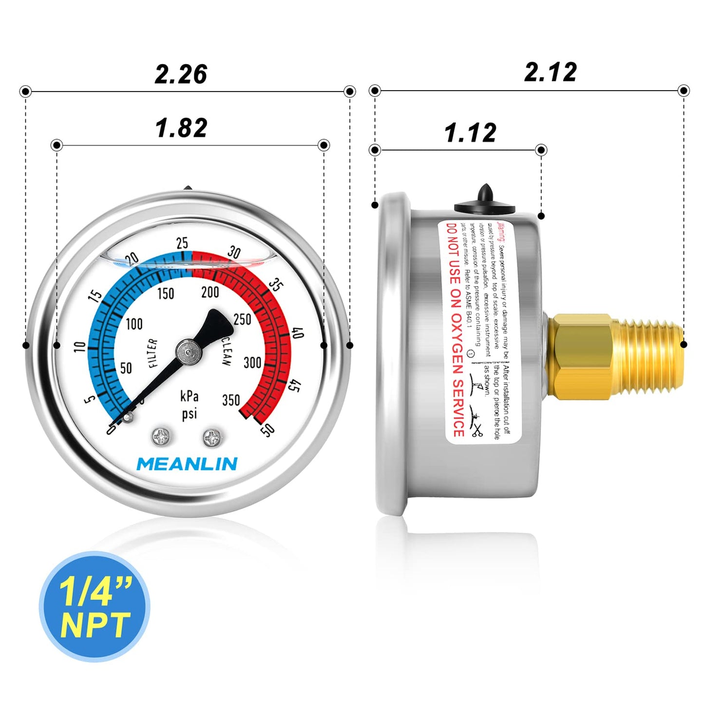 MEANLIN MEASURE 1/4" NPT 0-50psi Pressure Gauge, 2" Dial Glycerine Filled Pool Filter, 304 Stainless Steel Housing, Back Mount, with 1/2" NPT and 3/8" NPT Hex Bushing