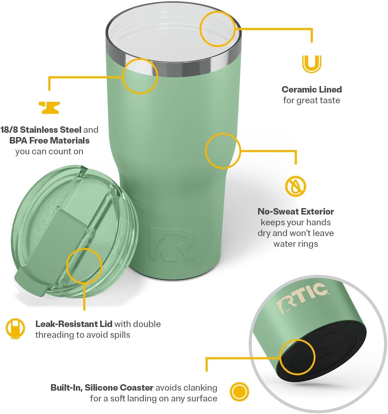 RTIC 30oz Essential Tumbler with Lid, Insulated, Stainless Steel, Metal, Double Wall Vacuum-Insulation, Ceramic Lined, Travel Cup for Iced Coffee, Tea, Hot and Cold Drink, Sage
