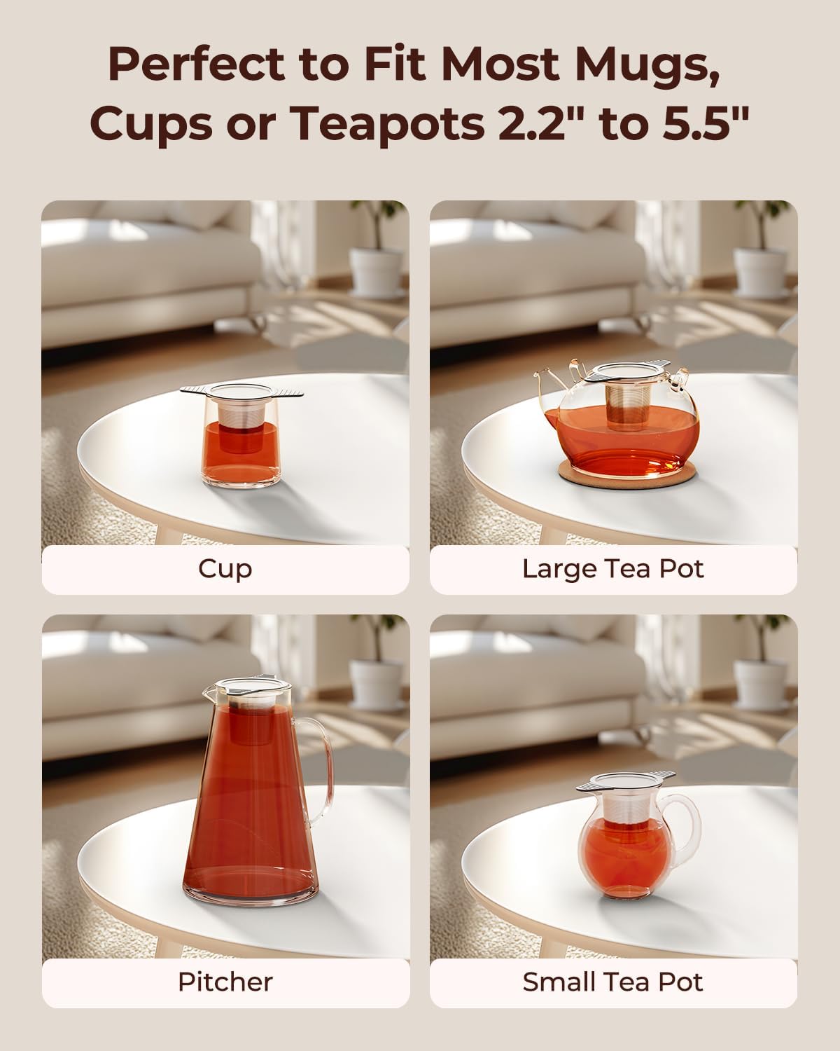 Reinmoson 2 Pack Large Tea Strainers& Filters for Loose Tea Single Cup, 304 Stainless Steel and Food Grade Silicone Extra Fine Mesh Tea Infusers