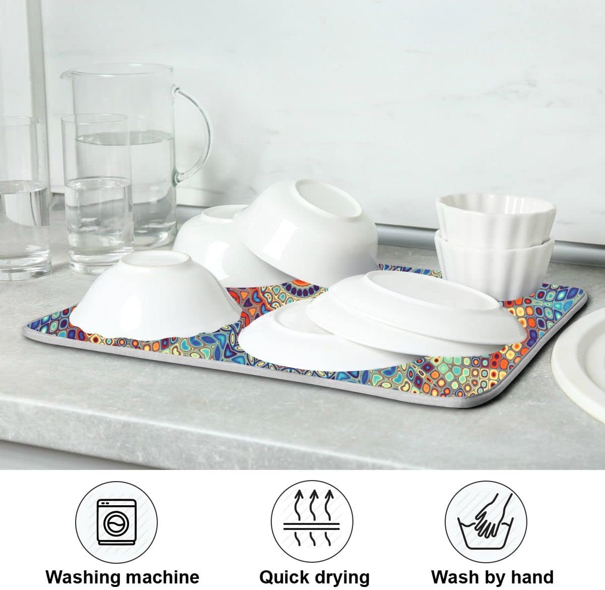 Bohemian Mandala Dish Drying Mat for Kitchen Counter Boho Ethnic Drying Mat 16 x 18 Inch with High Absorbent Reversible Microfiber Dish Drying Pad Dish Rack Pad Drainer Mat for Coffee Bar