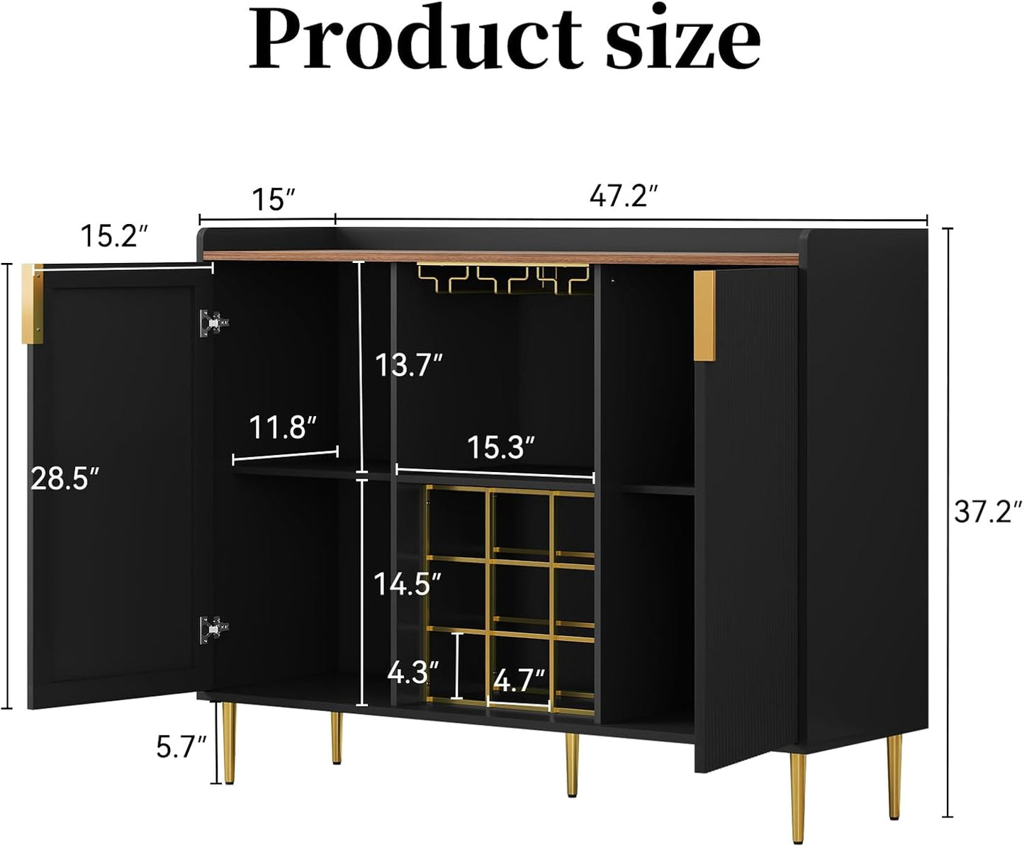 ARTPOWER 48" Wine Bar Cabinet with Fluted Texture, Modern Buffet Sideboard with Wine Rack and Glass Holder, Liquor Coffee Station with Storage for Kitchen, Living Room, Home Bar, Black