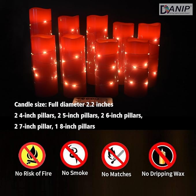 danip red flameless Candle, Built-in Star Cluster, 9 LED Candles, 11 Button Remote Control, 24-Hour Cycle Timer, Flashing Flame, Real Wax, Battery Powered. (Starry Sky Series)