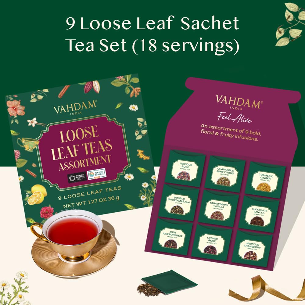 VAHDAM Top 9 Exotic Loose Leaf Herbal Tea Sampler (18+ cups) | No Caffeine | Floral & Fruity Blends with Delicious Taste | Hot & Iced | Perfect for Gifting & Regular Consumption
