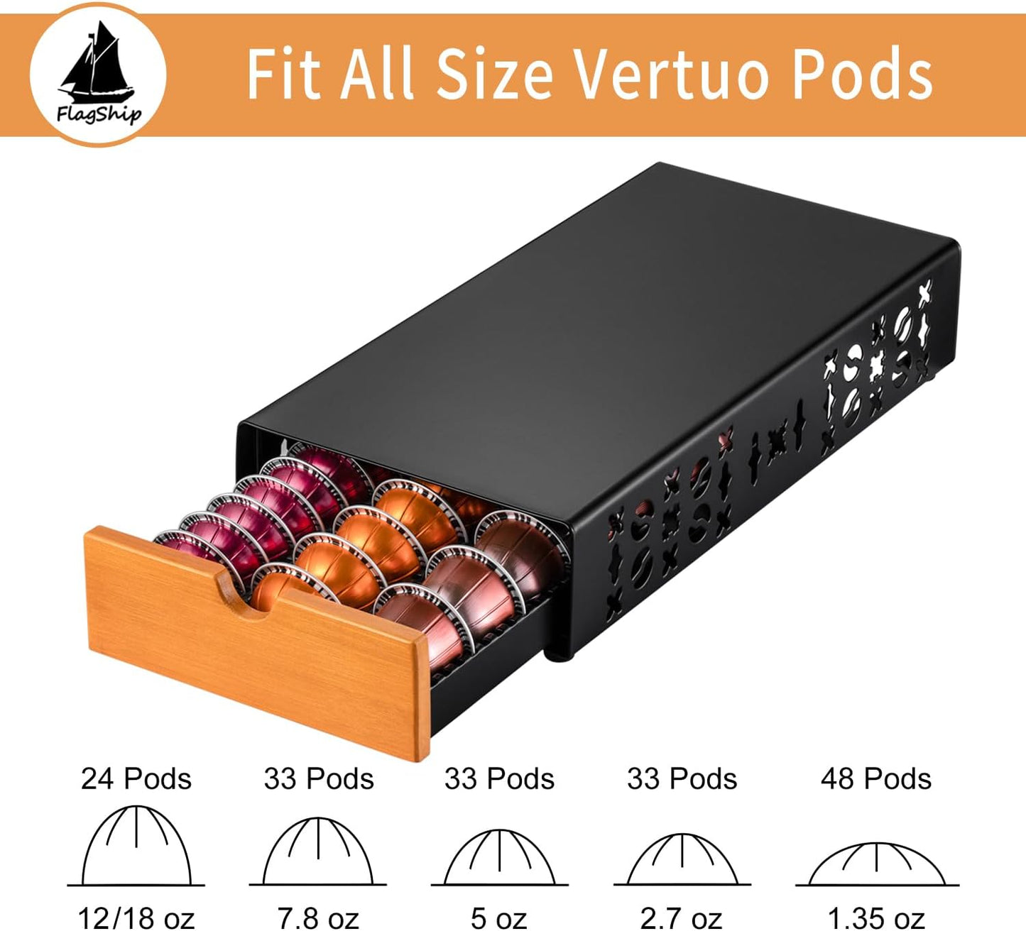 Flagship Coffee Pod Holder for Nespresso Vertuo Pod Organizer Fits All Vetuo Pods Black Metal With Wood Handle