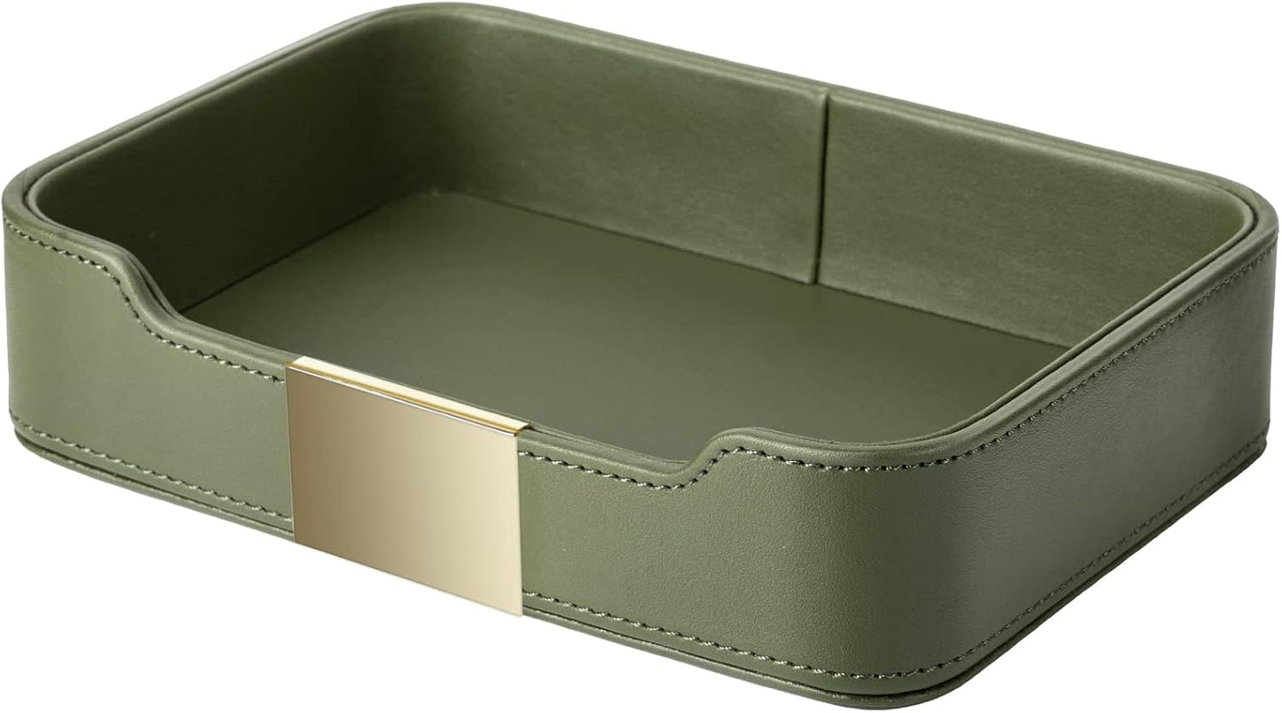 SANZIE Luxury Leather Tray Desktop Storage Catchall Organizer Decorative Tray for Entryway Table to Hold Jewelry Watch Keys Phone Wallet (Metal Glided, Dusty Green)