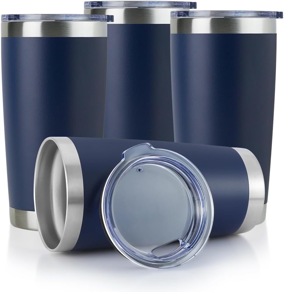 DOMICARE 20oz Stainless Steel Tumbler Bulk with Lid, Double Wall Vacuum Insulated Travel Mug, Powder Coated Coffee Cup (Powder Navy, 4)