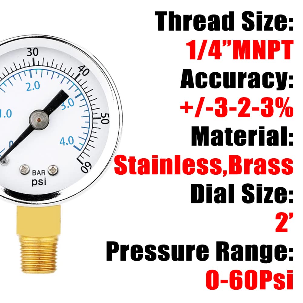1/4" NPT Pressure Gauge 60Psi Steel Economical All Purpose with Brass Internals 2" Dial Display Bottom Mount