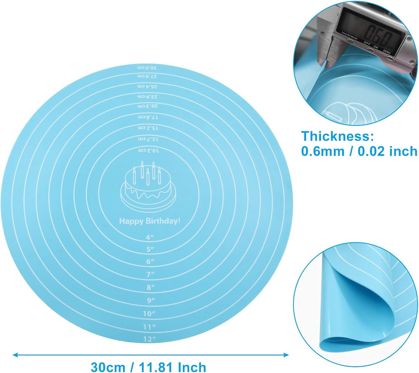 Hitefu 12 Inch Round Silicone Cake Mat, Silicone Baking Mat with Measurement for Cake Turntable & Rolling Dough (Blue)