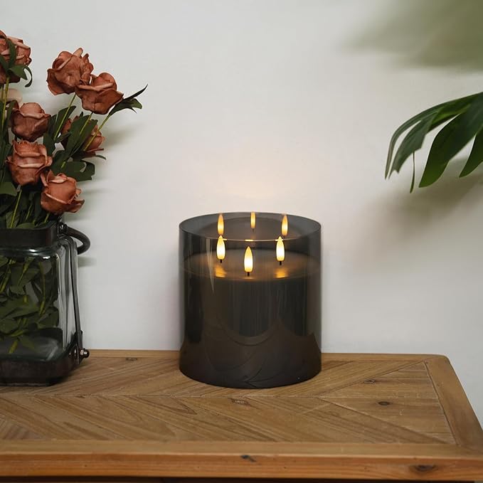 Homemory 6X6'' Extra Large Flameless Candle with 3 Wicks, Glass LED Pillar Candle, Real Wax Battery Operated Candle with Remote Control and Timer, Grey