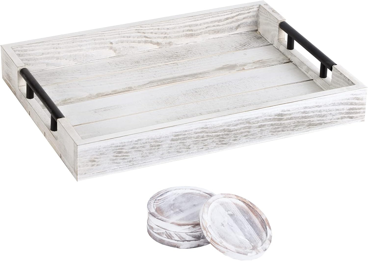 Wooden Serving Ottoman Tray With 4 Coasters, Breakfast Tray With Handles, Home Decor for Living Room, Coffee Table