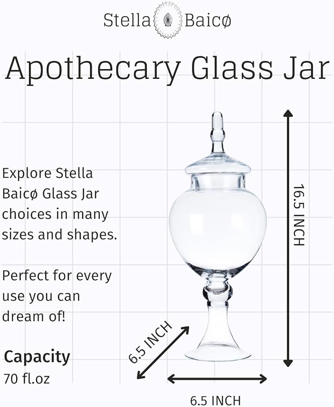 Large Glass Apothecary Jars with Lid, Clear Candy Jar for Candy Buffet, Fancy Decorative Glass Jar for Party, Wedding and Display, Tall Glass Candy Containers (Height: 16.5", Diameter: 6.5")