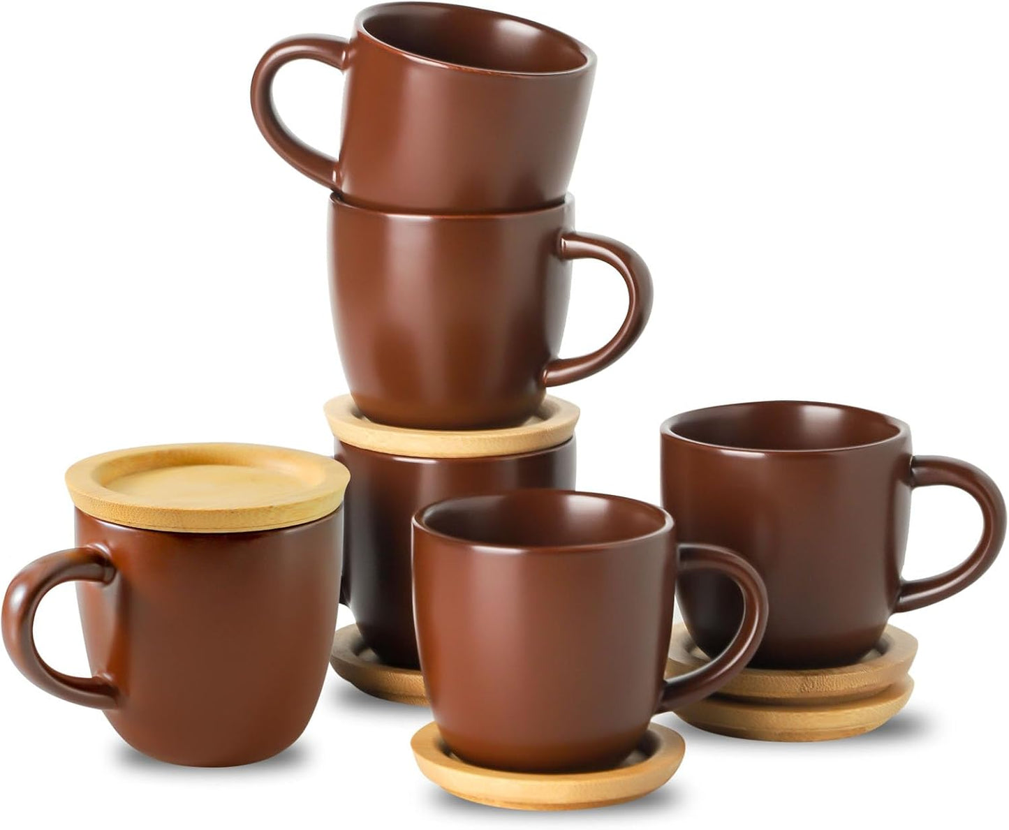 Hasense Stackable Porcelain Mini Espresso Cups and Saucers Set of 6, 4 OZ Ceramic Small Demitasse Espresso Shots Cups with Lids for Nespresso Lungo, Latte, Cafe Mocha and Tea, Brown
