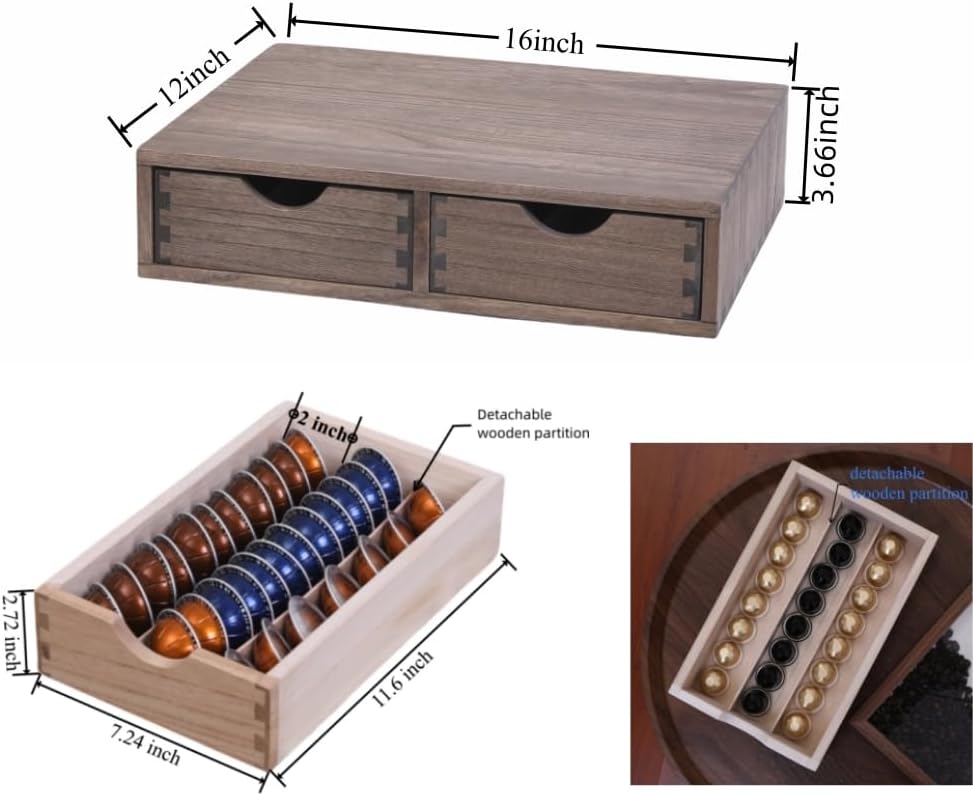 Coffee Pods Storage Drawer Holder for Capsules - Multi Functional Desk Organizer Drawers For K cups Coffee Maker Brew - Kitchen Mini Wooden Box Chest Sideboard Counter Organization CF1D2C Dark