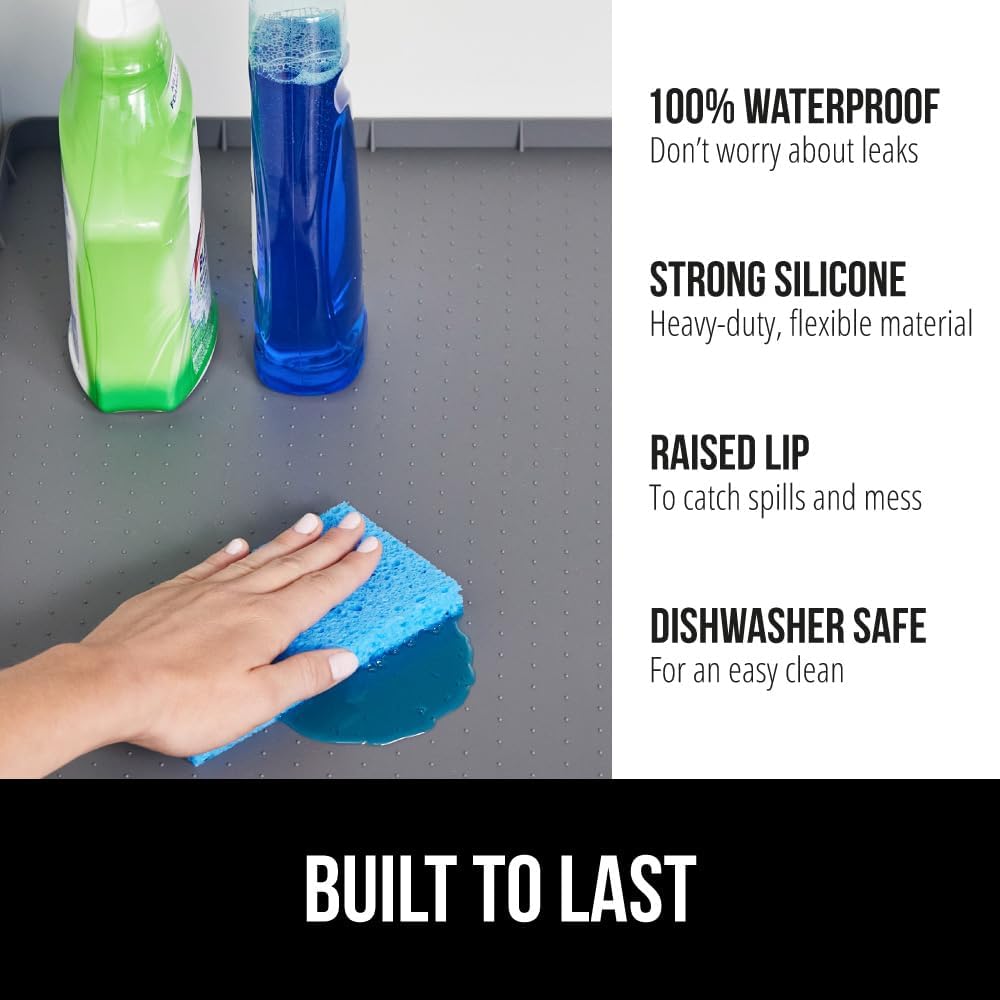 GORILLA GRIP Waterproof Silicone Under Sink Mat with Raised Lip for Kitchen and Bathroom, 28 x 22 in, Cabinet Shelf Liner Stay in Place Mats Dishwasher Safe Drawer Liner, Organizer Tray, Gray