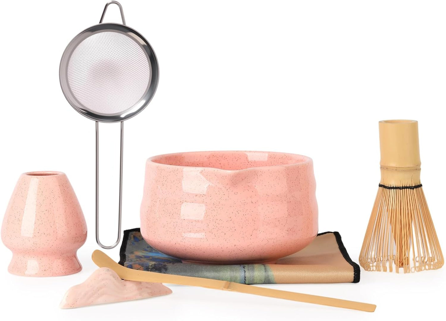 Japanese Matcha Whisk Set - 7-Piece Kit Bamboo Chasen, Ceramic Bowl with Spout, Stainless Steel Sifter & Holder Pink