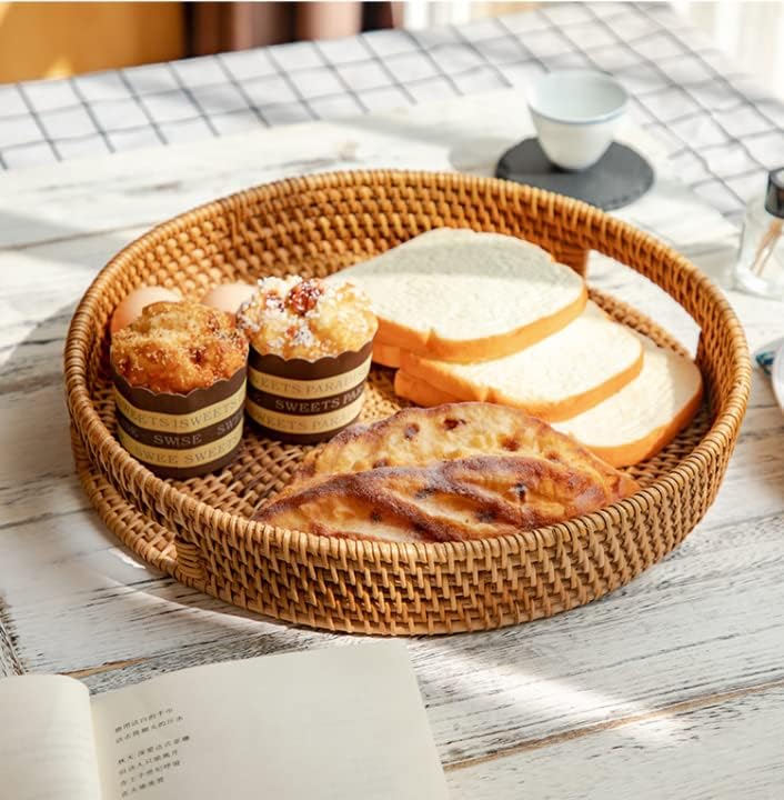 Rattan Round Serving Tray, Decorative Coffee Table Tray, Ottoman Hand Woven Serving Basket with Handles, Wicker Fruit/Bread Serving Basket, 11.8 inch