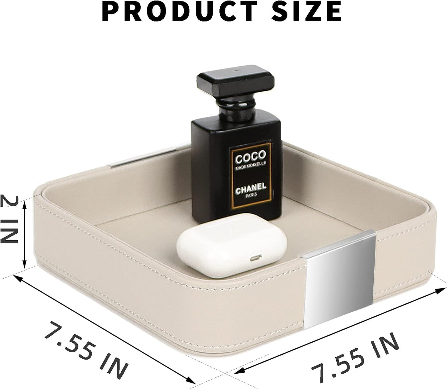 SANZIE Luxury Leather Desktop Storage Small Catchall Organizer Decorative Tray for Entryway Table to Hold Jewelry Watch Cosmetics Keys Phone Wallet, Home & Office Accessories (Metal Silvered, Grey)