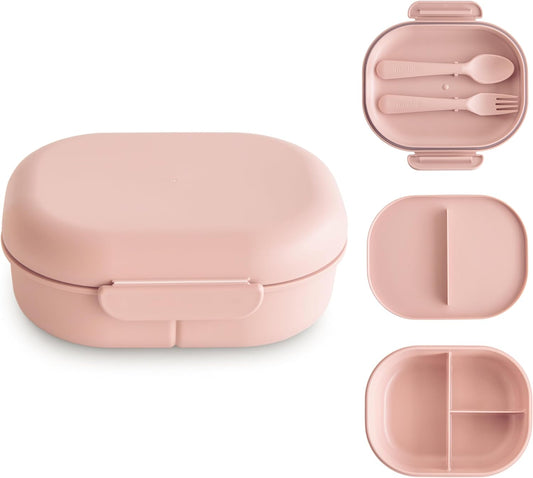 mushie Kids Bento Lunch Box | 3-Compartment & Removable Divider + Fork & Spoon Utensils | Great For Meals, School, Snacks On-the-Go | Dishwasher Safe (Blush)