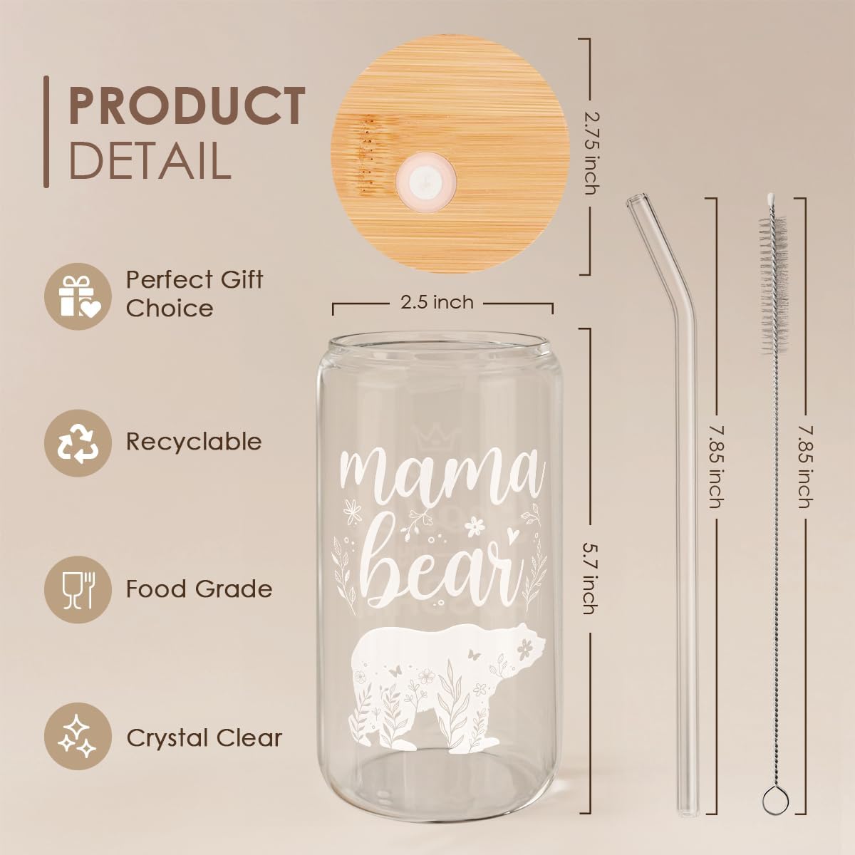 Mom Gifts - Mama Bear 16 Oz Can Glass Tumbler with Bamboo Lid and Straw - Iced Coffee Cups for Women, Aesthetic Glass Cup Gift for Birthday Christmas Mother's Day