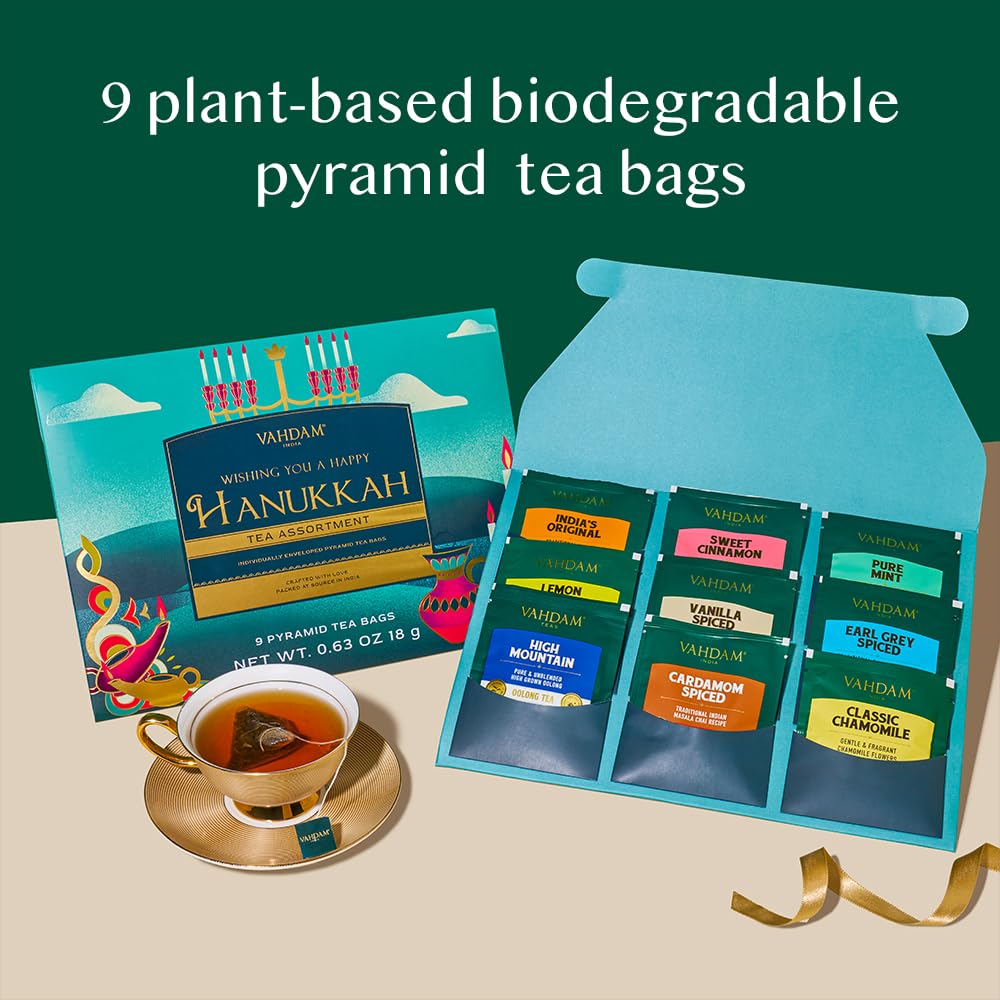 VAHDAM, Limited Edition - Hanukkah Tea Gift Basket | 9 Delicious Variety Pyramid Tea Bags | Perfect Hanukkah Gift for Friends and Family