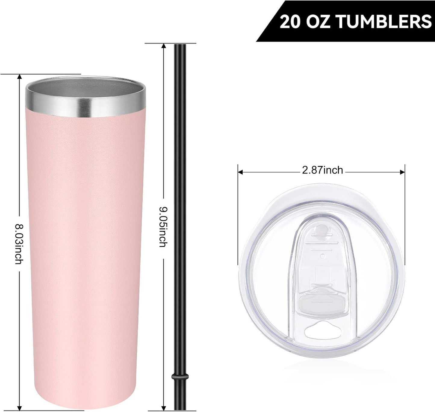 VEGOND Stainless Steel Skinny Tumbler, 20 oz Vacuum Insulated Tumbler with Lid and Straw, Double Wall Coffee Cup, Travel Mug for Cold Hot Drinks, Light Pink 1 Pack